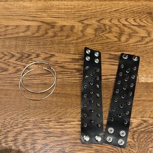 Black Studded Leather Cuff Bracelet and Silver Hoop Earrings